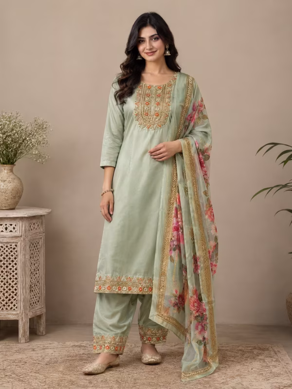 Mint green embroidered kurta pant set for women