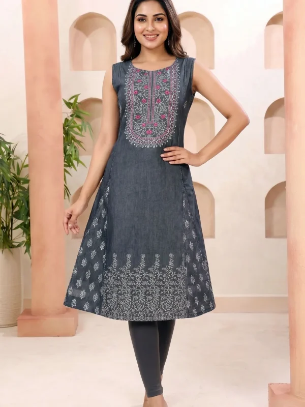 Black Denim Sleeveless Flared Kurti with Thread Work