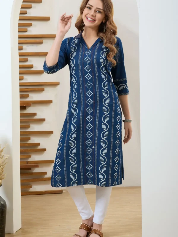 Denim Blue Long Kurta with Thread Work and Coat Collar