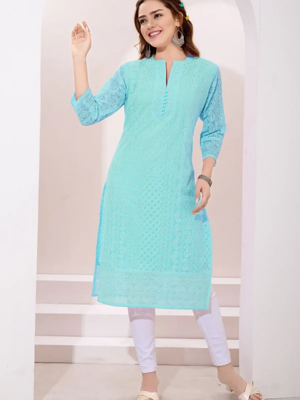 Light Phirozi Fine Georgette Chicken Embroidery Kurta