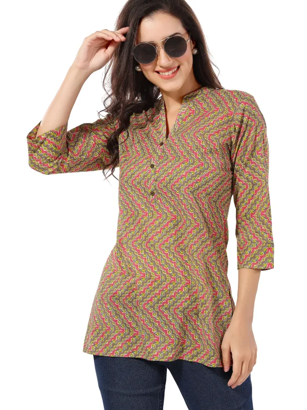 Casual Craze Brown Cotton Printed Short Tunic Top