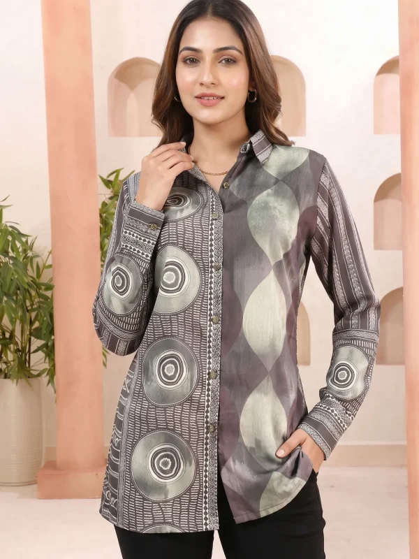 Olive Green Modal Silk Shirt Style Tunic with Abstract Print