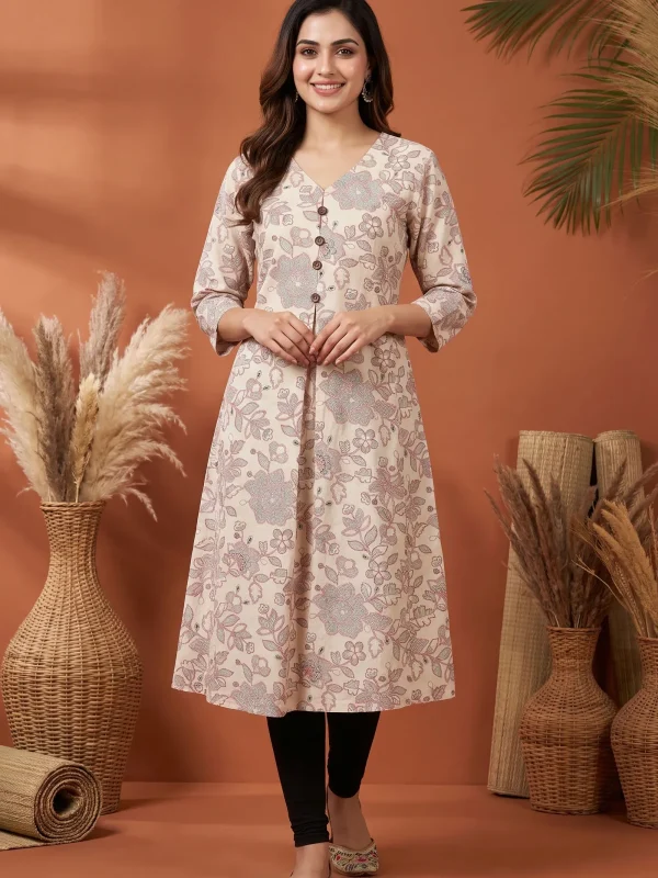Cream Cotton Long Kurti with V Neck and Floral Print
