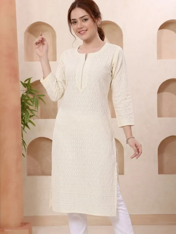 Cream Rayon Chikankari Straight Long Kurta for Women
