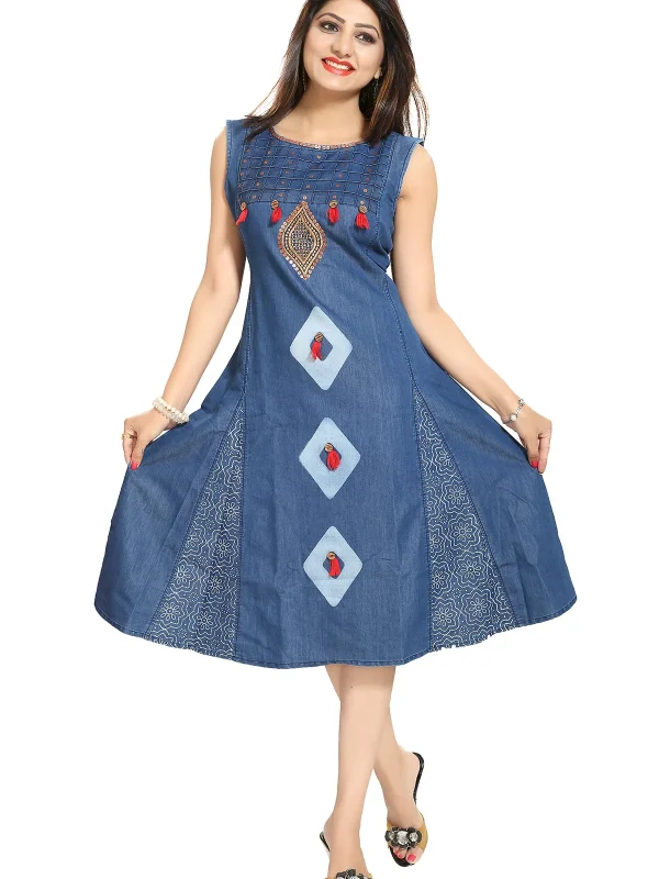 Denim Blue Sleeveless Flared Tunic with Embroidery