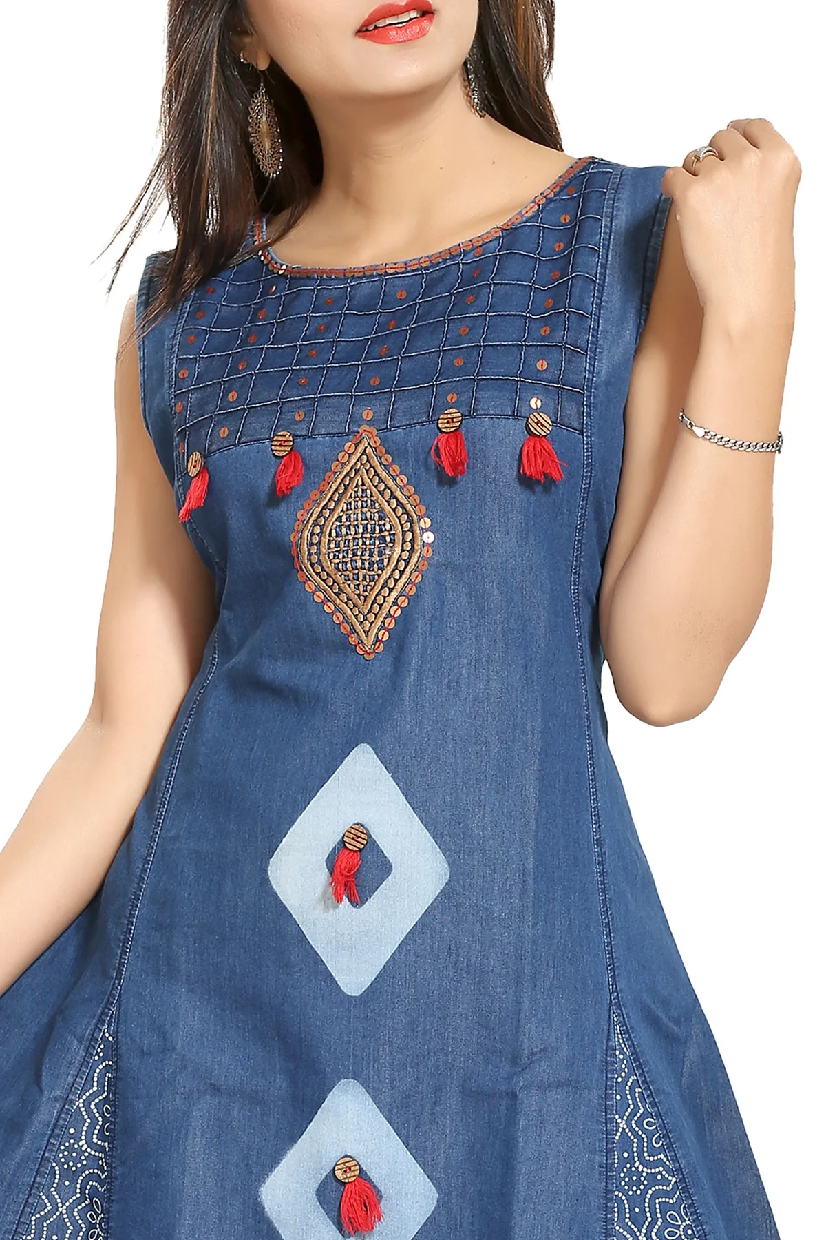 Denim Blue Sleeveless Flared Tunic with Embroidery - Image 3