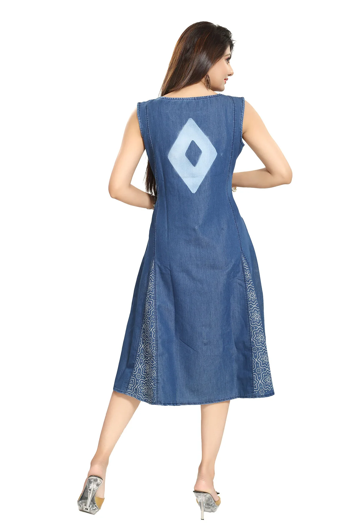 Denim Blue Sleeveless Flared Tunic with Embroidery - Image 4