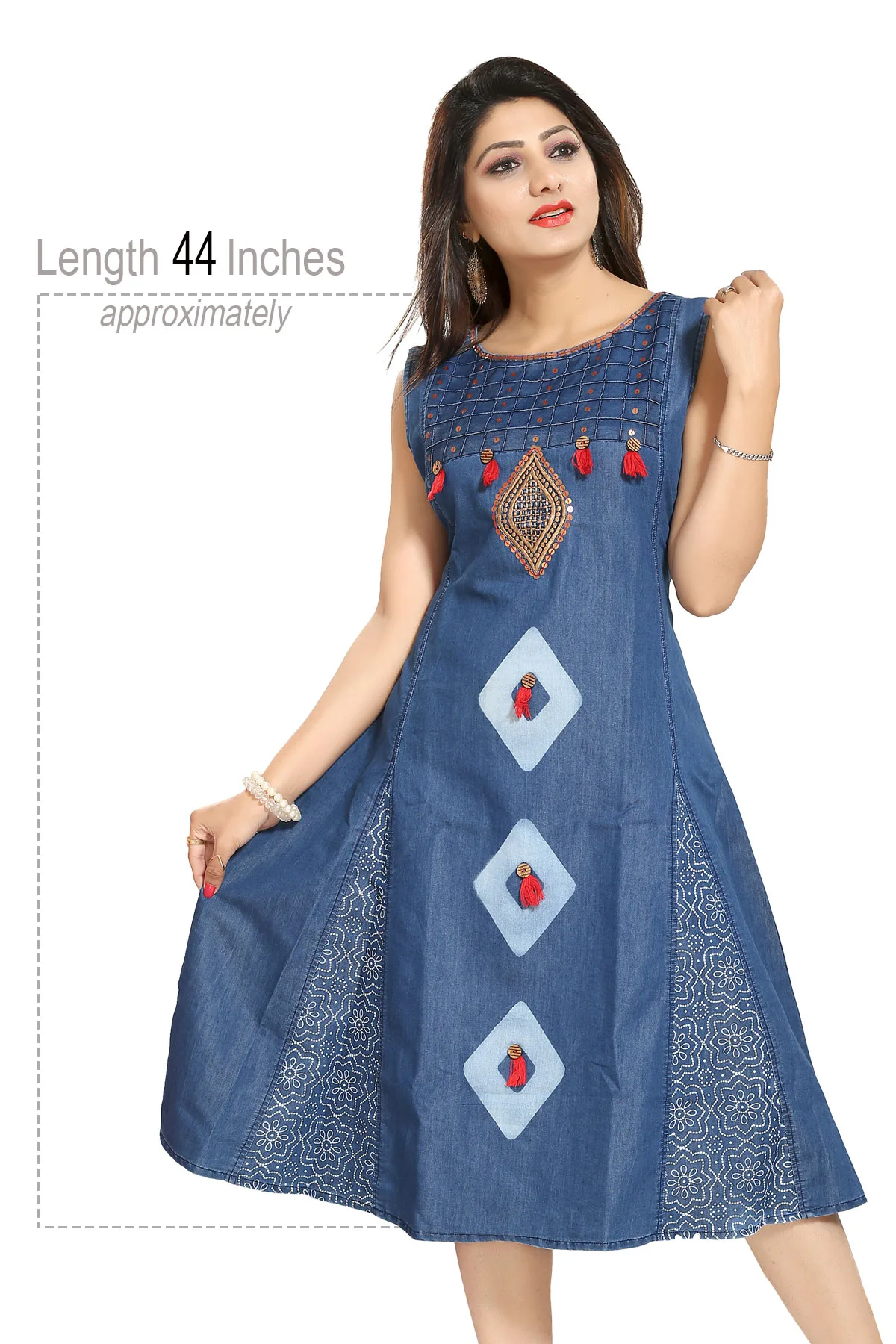 Denim Blue Sleeveless Flared Tunic with Embroidery - Image 5