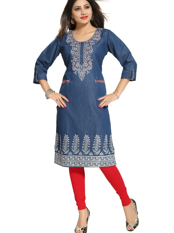 Denim Blue Long Kurti with Pockets and Thread Work