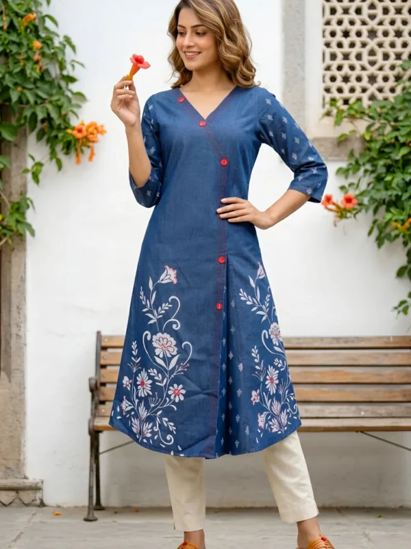 Denim Blue A Line Kurti with V Neck and Mirror Work