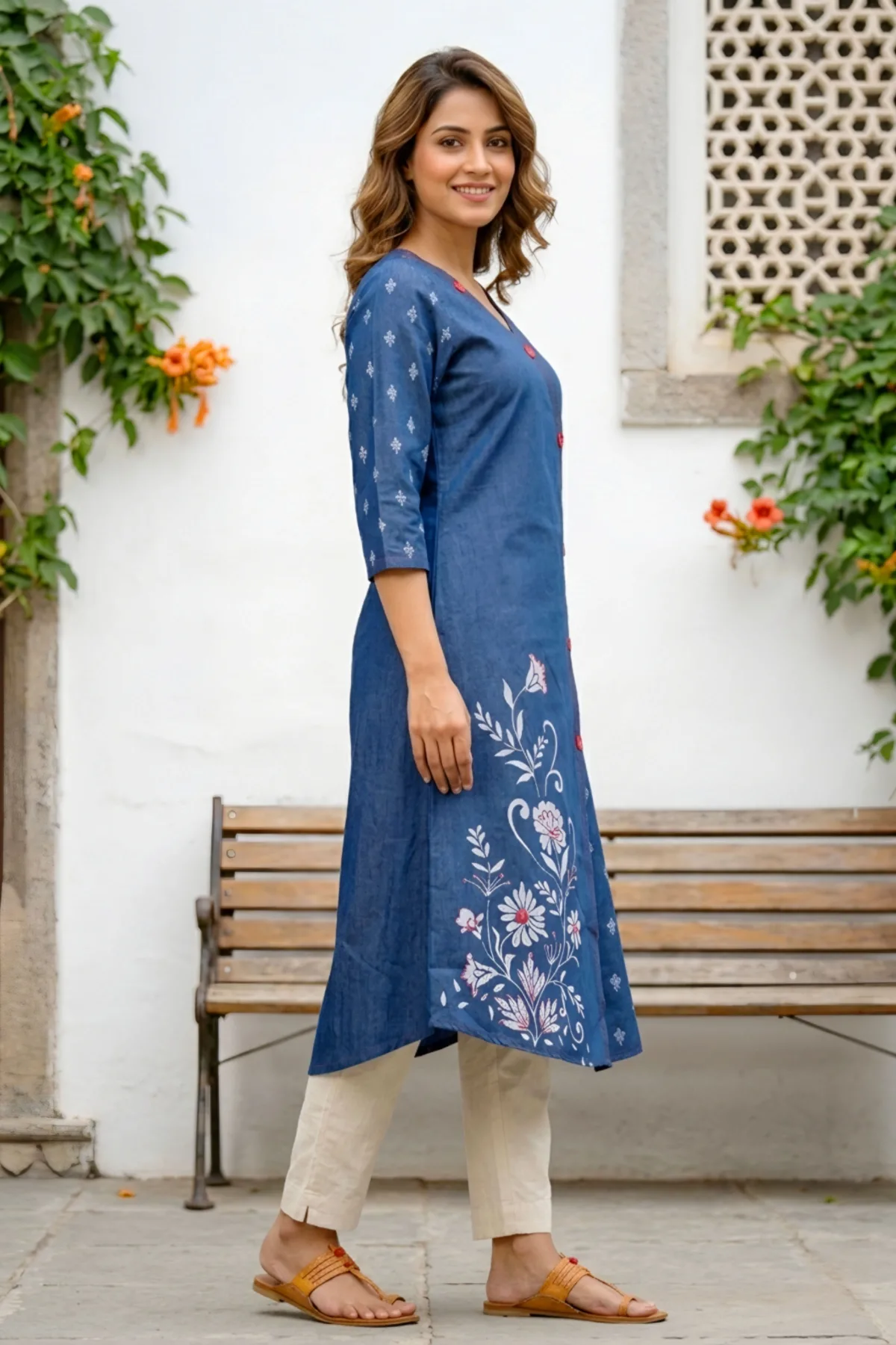 Denim Blue A Line Kurti with V Neck and Mirror Work - Image 2