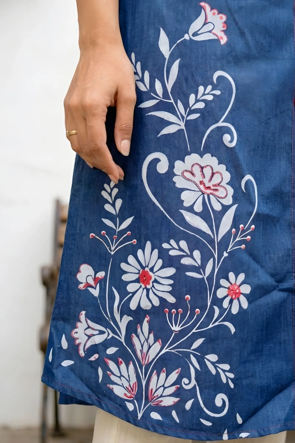 Denim Blue A Line Kurti with V Neck and Mirror Work - Image 5