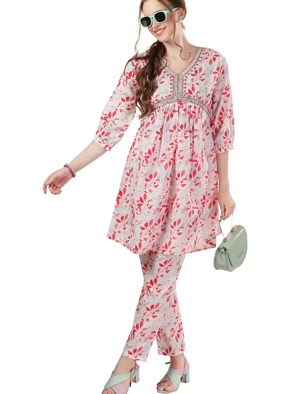 Designer White Leaf Print Cotton Co-Ord Set