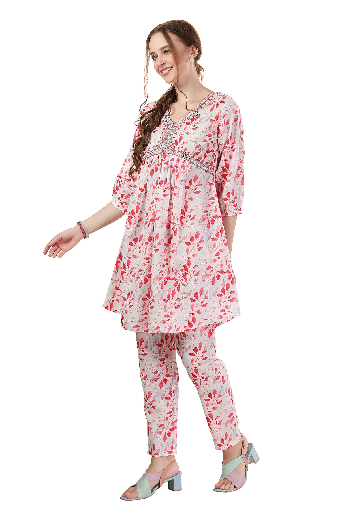 Designer White Leaf Print Cotton Co-Ord Set - Image 2