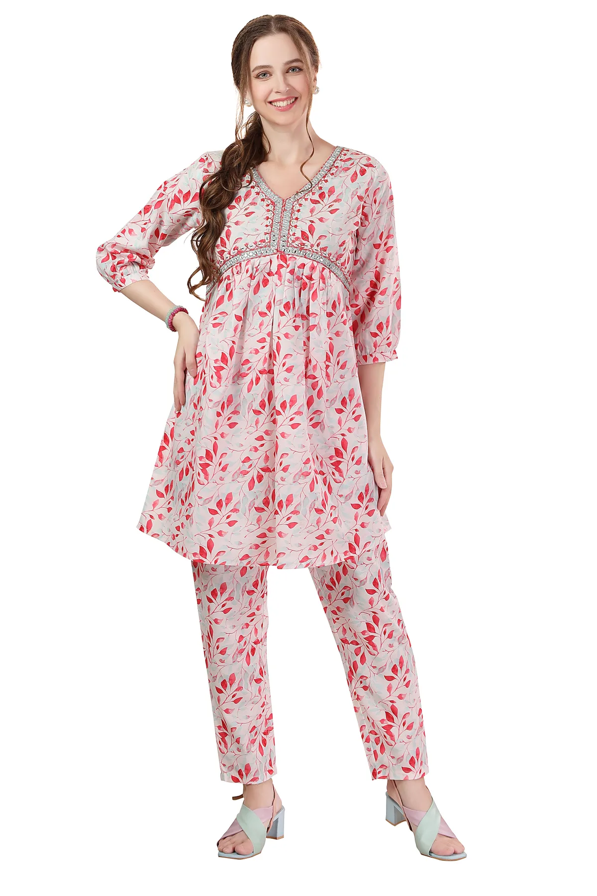 Designer White Leaf Print Cotton Co-Ord Set - Image 3