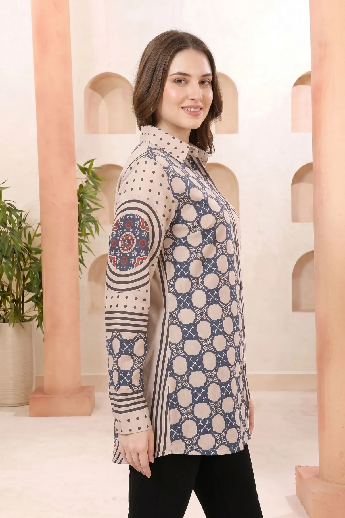 Beige Modal Silk Printed Tunic with Shirt Collar - Image 2