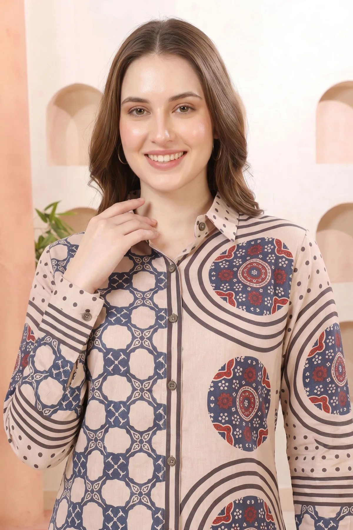 Beige Modal Silk Printed Tunic with Shirt Collar - Image 3