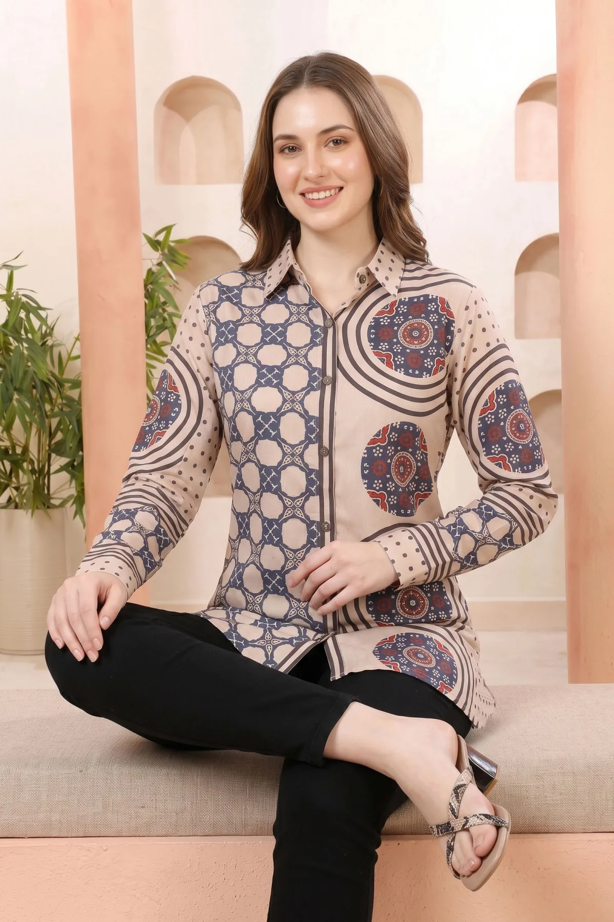 Beige Modal Silk Printed Tunic with Shirt Collar - Image 5