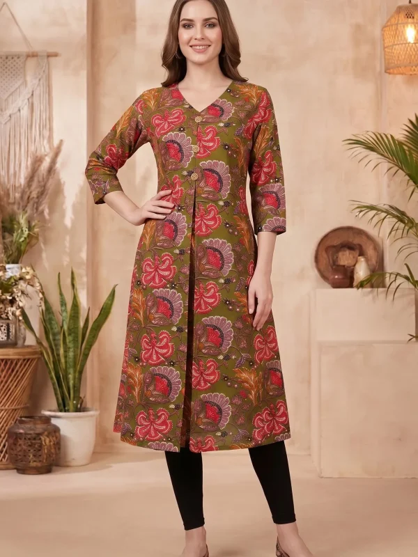 Olive Green Kalamkari Print A Line Long Kurta with V Neck