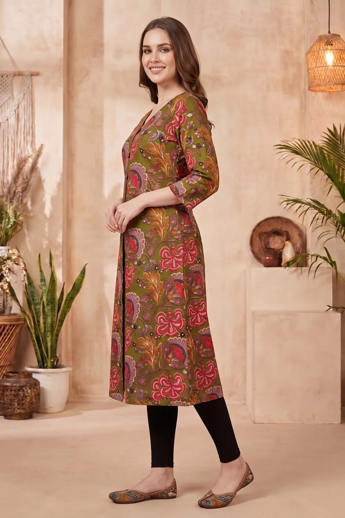 Olive Green Kalamkari Print A Line Long Kurta with V Neck - Image 2