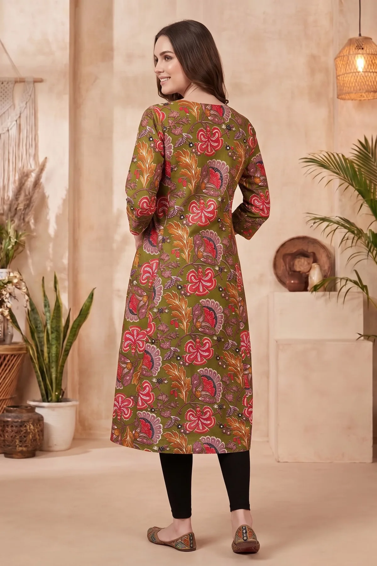 Olive Green Kalamkari Print A Line Long Kurta with V Neck - Image 4