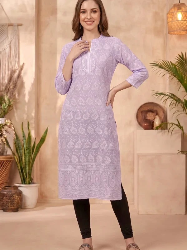 Purple Cotton Long Kurta with Chikankari Embroidery and Band Collar