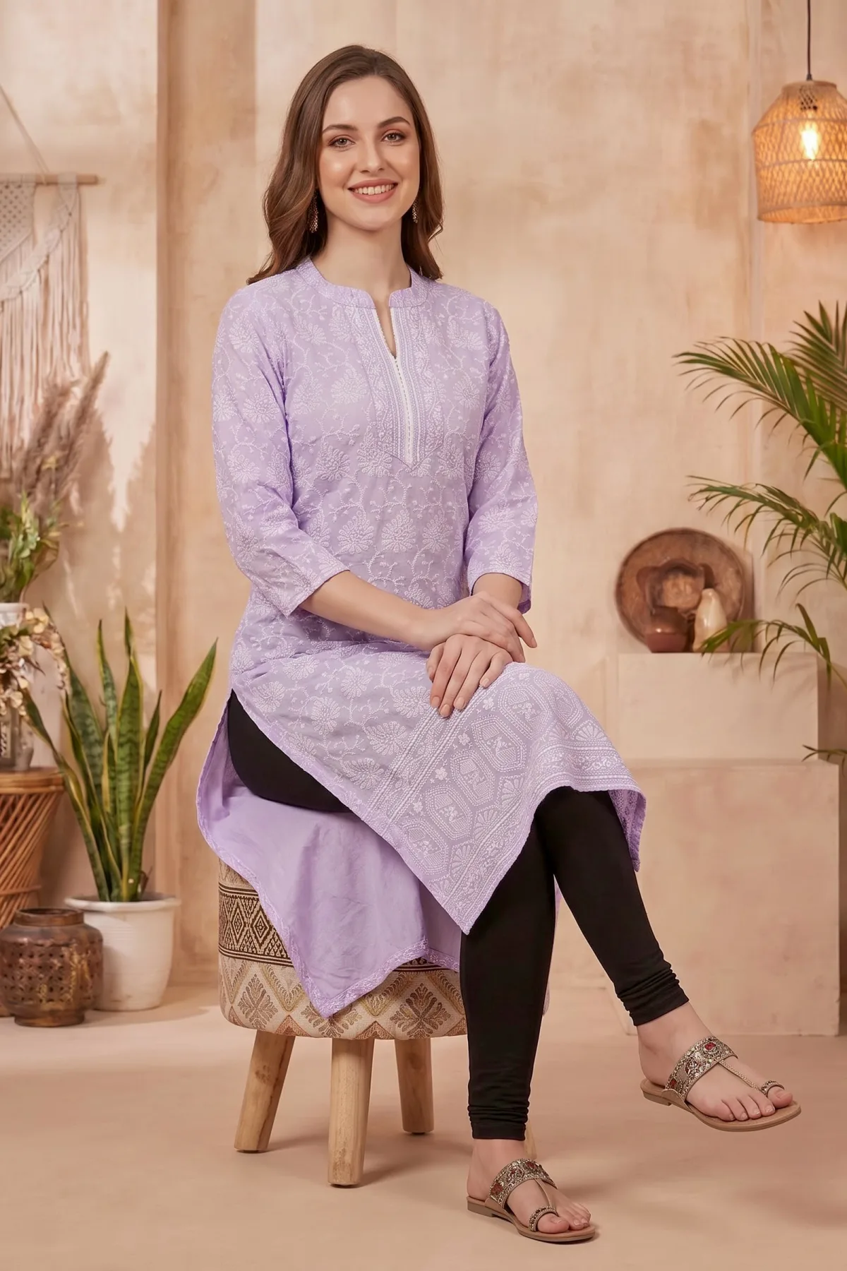 Purple Cotton Long Kurta with Chikankari Embroidery and Band Collar - Image 5