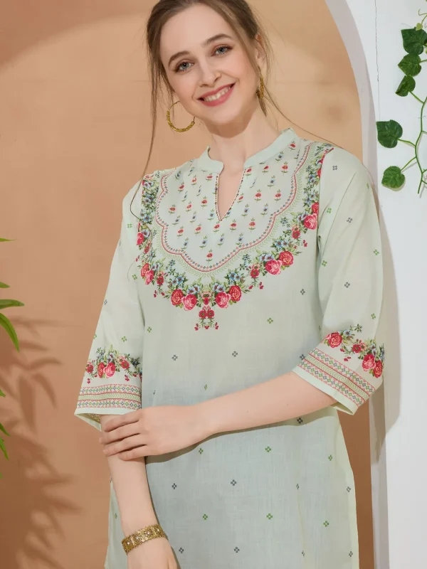 Elegant Pista Color Ethnic Print Cotton Short Kurti with Ban Collar