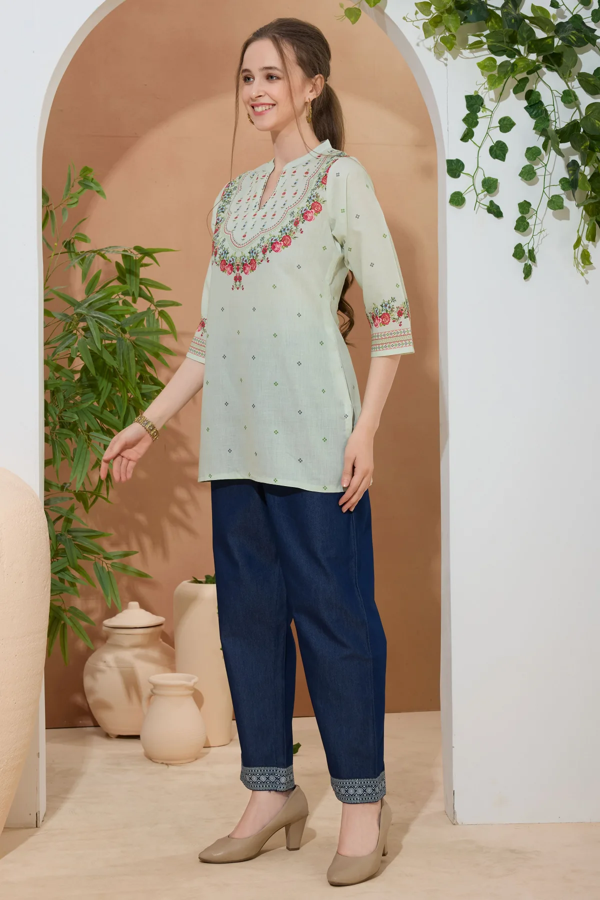 Elegant Pista Color Ethnic Print Cotton Short Kurti with Ban Collar - Image 2