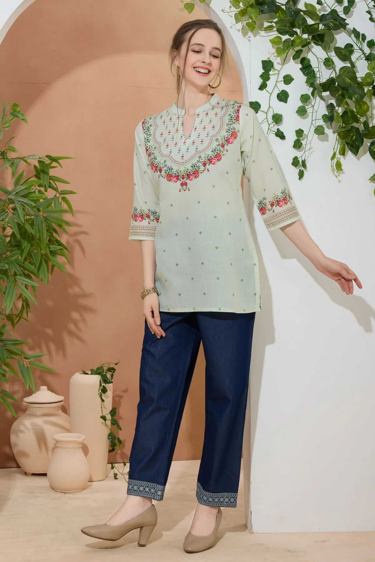 Elegant Pista Color Ethnic Print Cotton Short Kurti with Ban Collar - Image 3