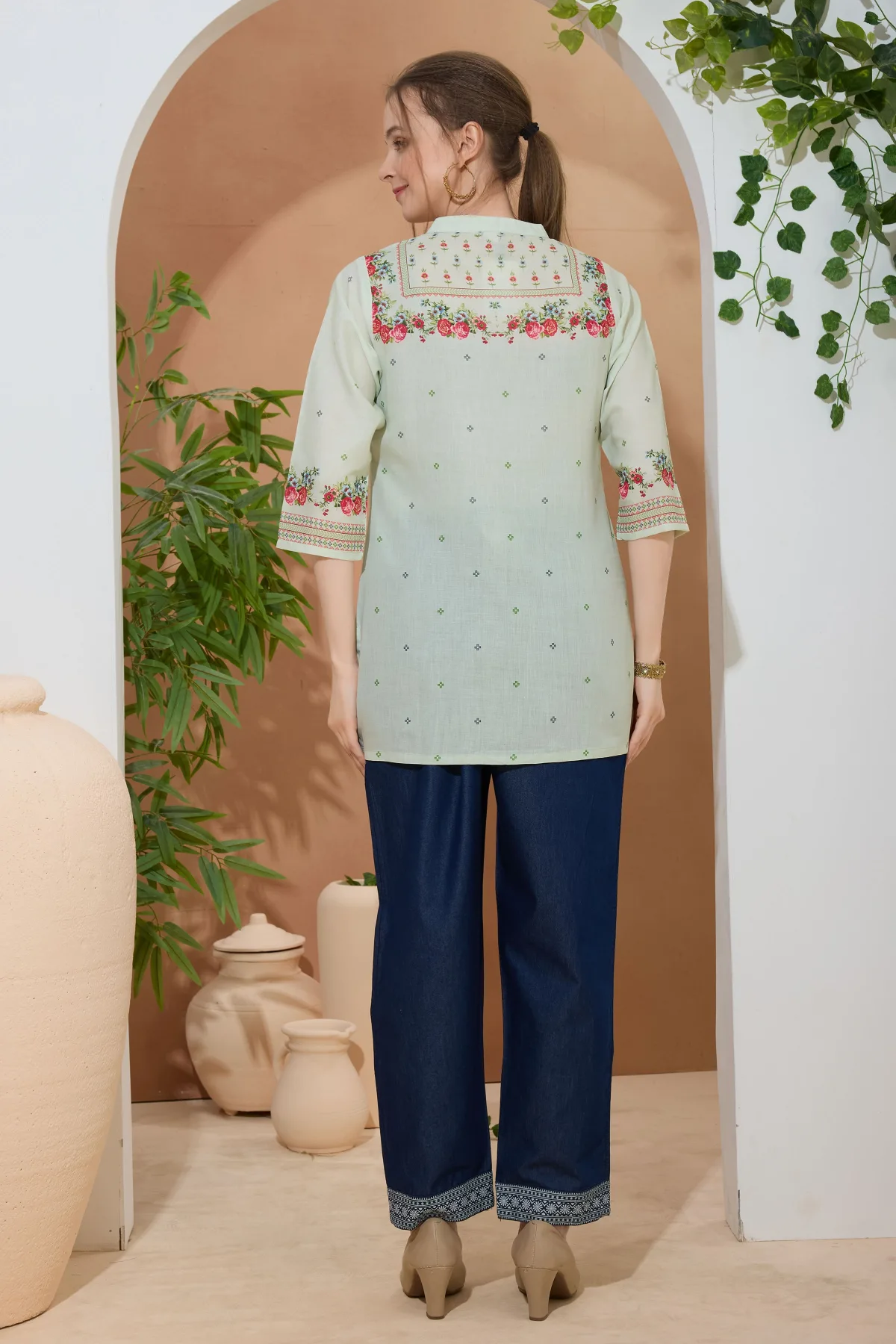 Elegant Pista Color Ethnic Print Cotton Short Kurti with Ban Collar - Image 4