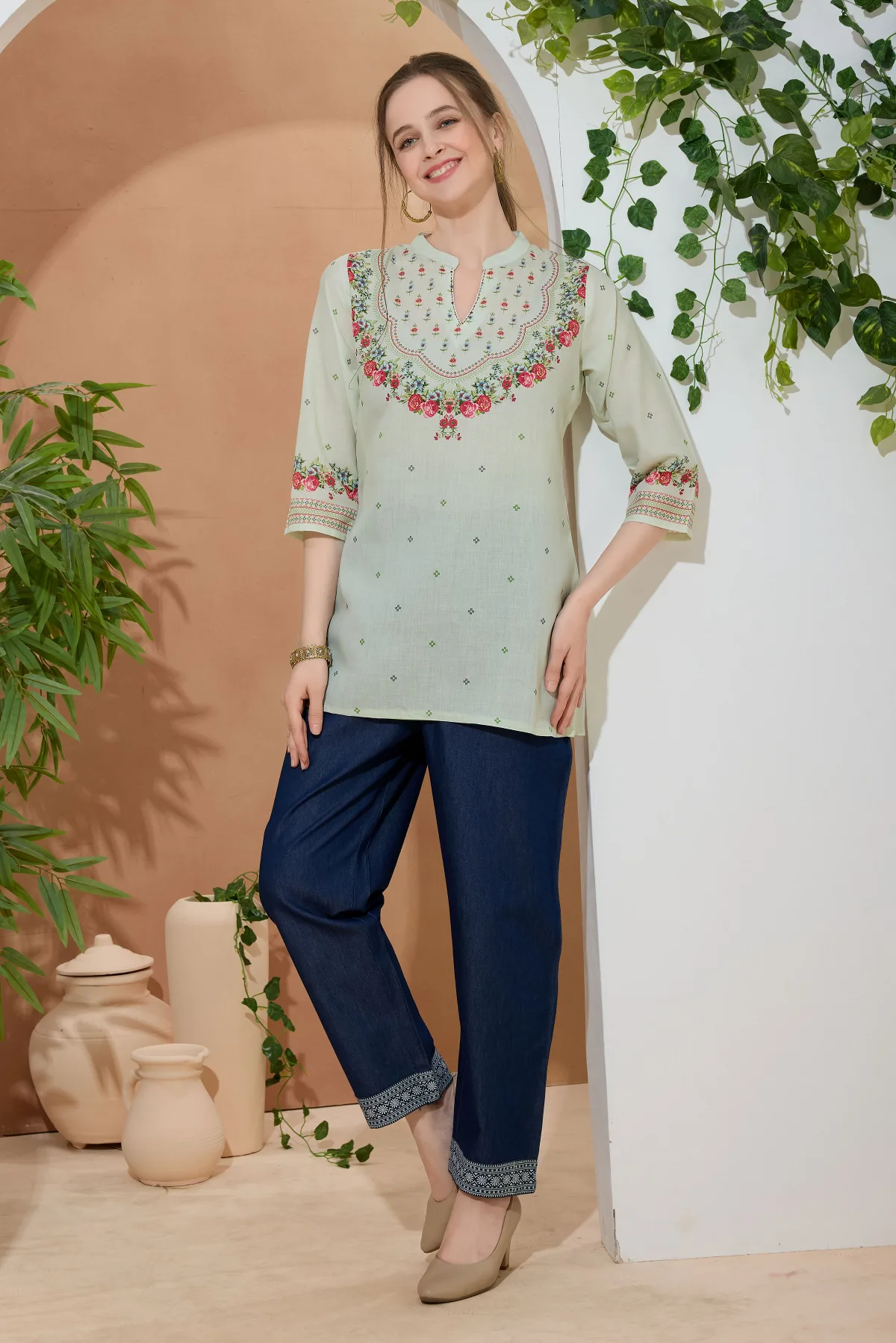Elegant Pista Color Ethnic Print Cotton Short Kurti with Ban Collar - Image 5