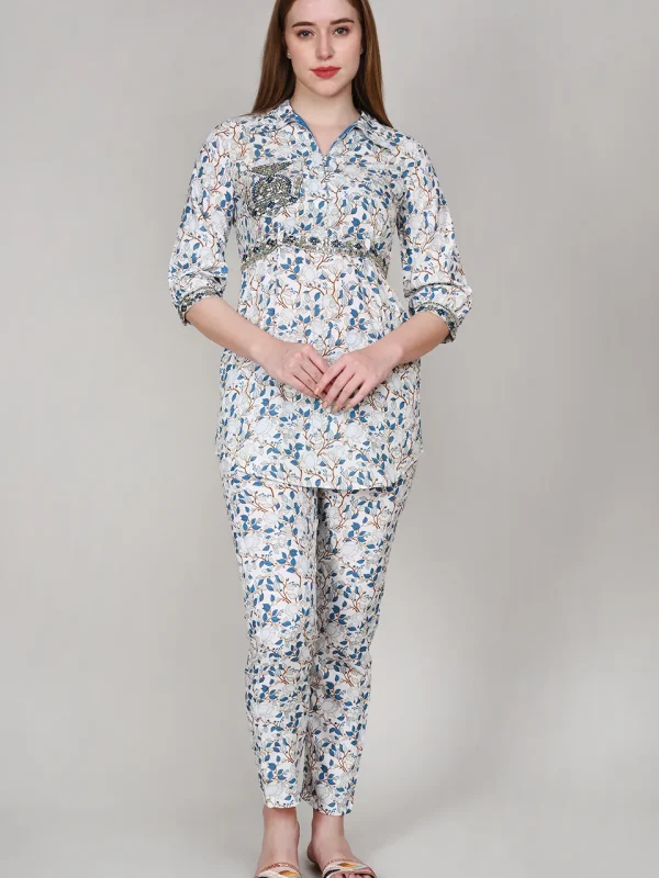 White Leaf Print Cotton Co-Ord Set with Mirror Work