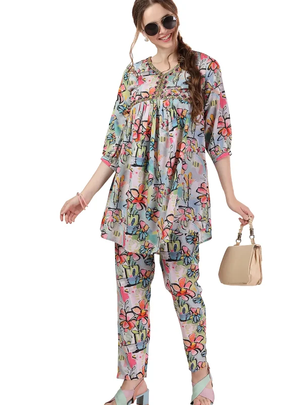 Ethnic Abstract Flower Print Cotton Aliya Cut Co Ord Set