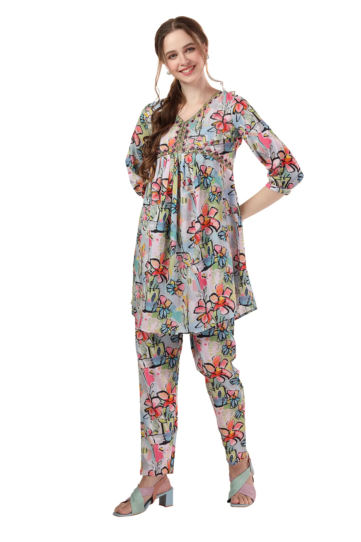 Ethnic Abstract Flower Print Cotton Aliya Cut Co Ord Set - Image 2