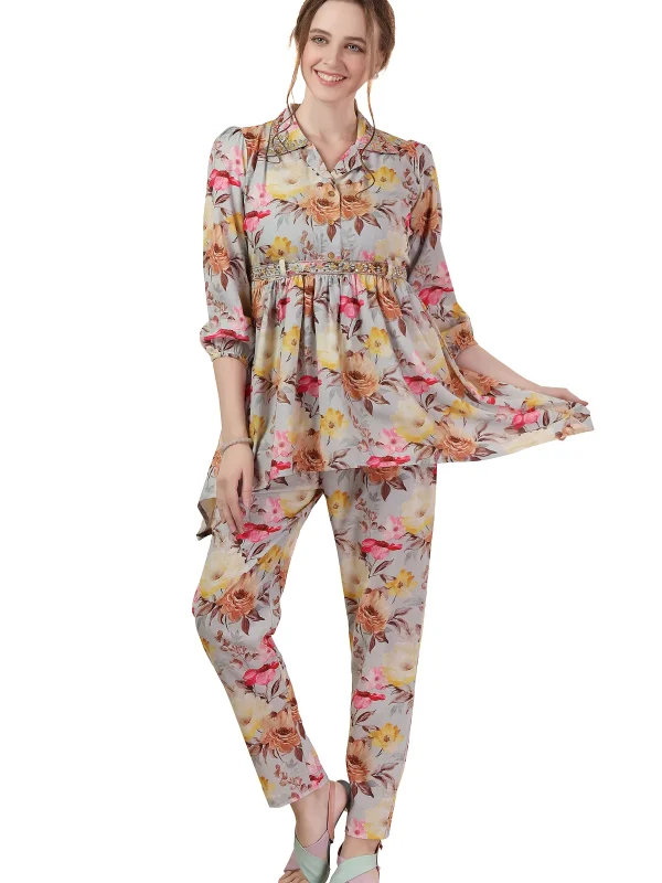 Rama Green Floral Print Cotton Co-Ord Set with Belt