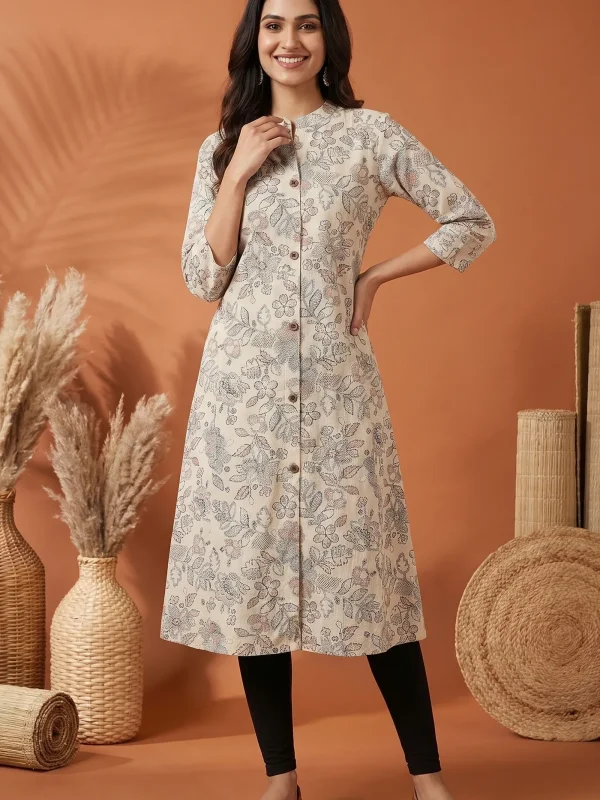 Cream Cotton A Line Princess Cut Kurta with Floral Print