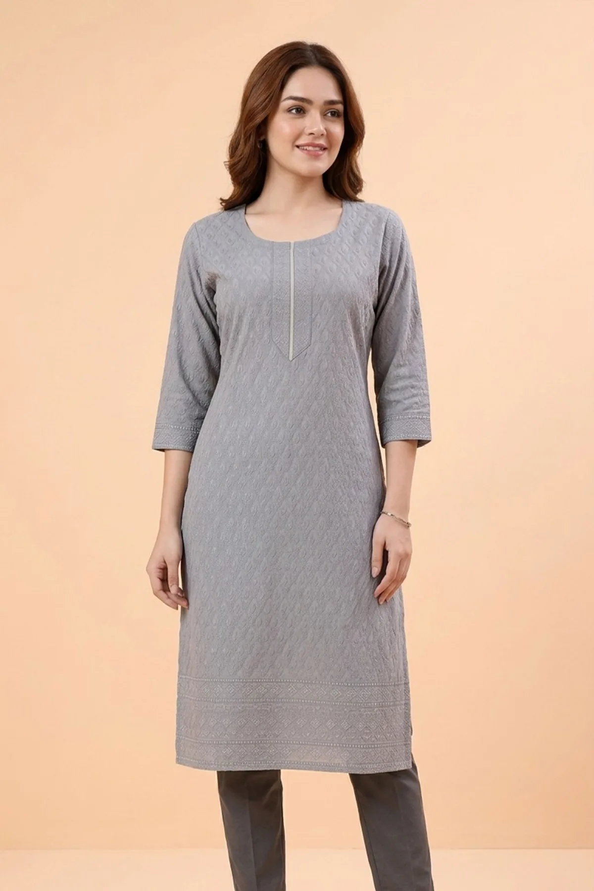 Ash Gray Rayon Chikankari Straight Long Kurta for Women - Image 3