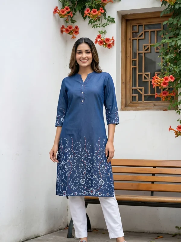 Indigo Ban Collar Denim Kurti with Ethnic Print