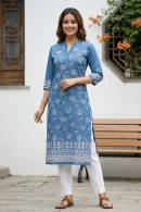 Indigo Ban Collar Denim Kurti with Ethnic Print