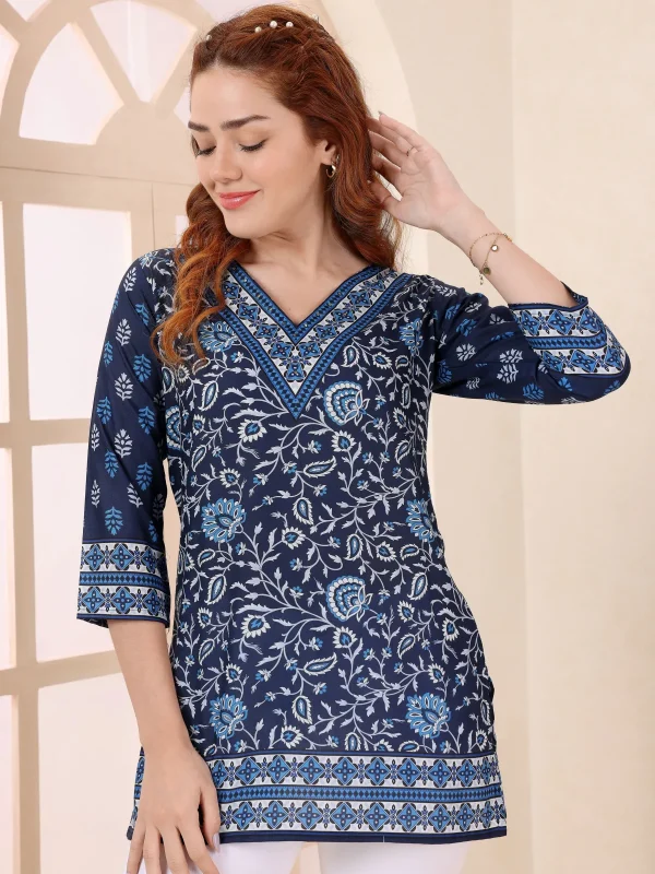 Indigo Cotton Short Kurti with Ethnic Floral Print