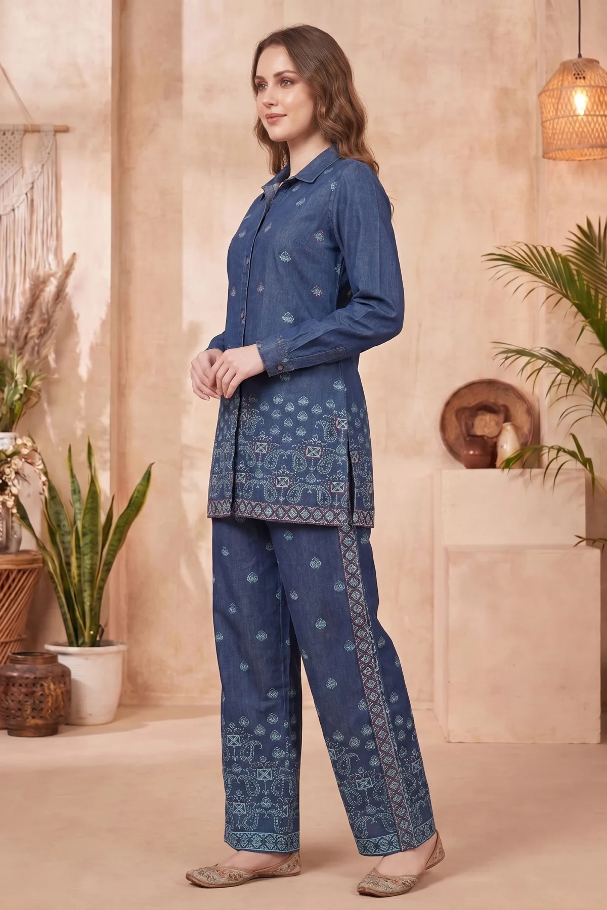 Indigo Blue Denim Co-ord Set with Thread Embroidery - Image 2