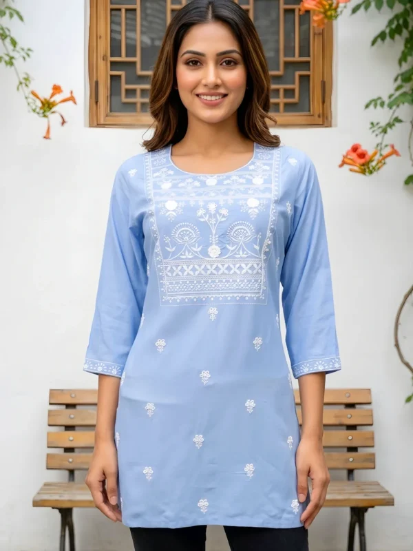 Light Blue Rayon Short Kurti with Chikankari Embroidery