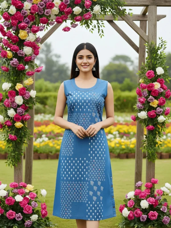 Light Blue Denim Dress with Print and Embellishment