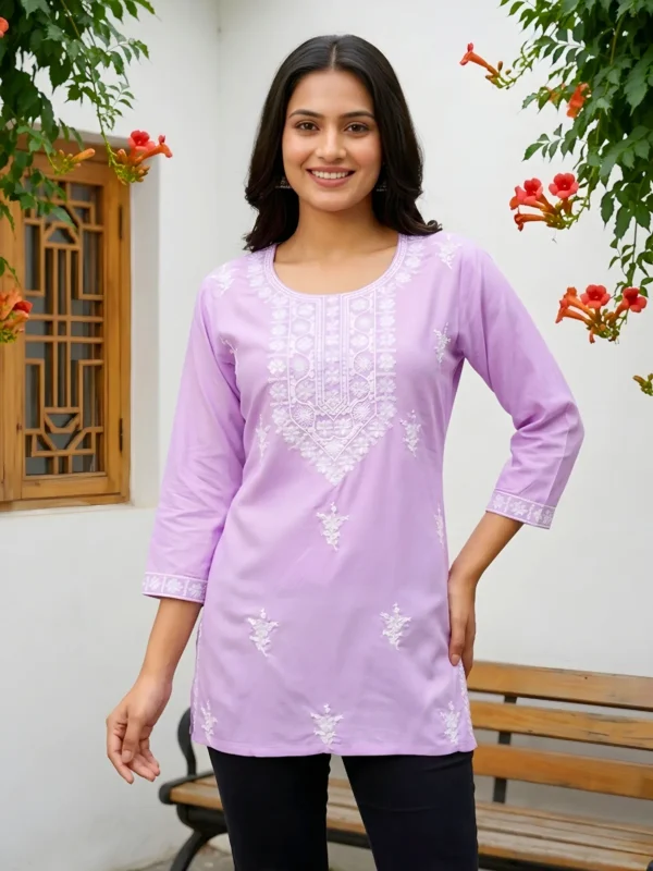 Light Purple Rayon Short Kurti with Chikankari Embroidery