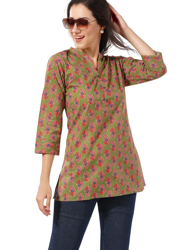 Mehandi Green Cotton Printed Short Tunic Top