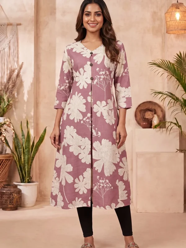 Onion Pink A Line Kurti with Large Floral Print