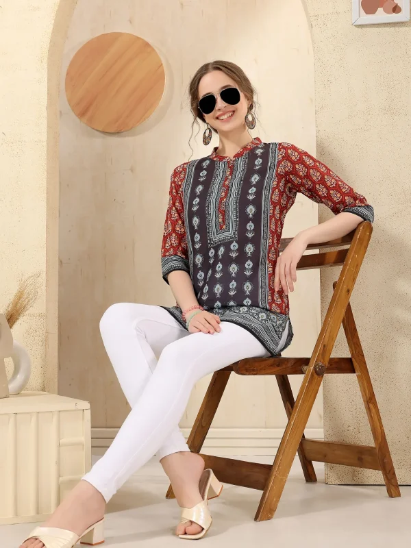 Pink Cotton Print Mandarin Collar Short Tunic Top