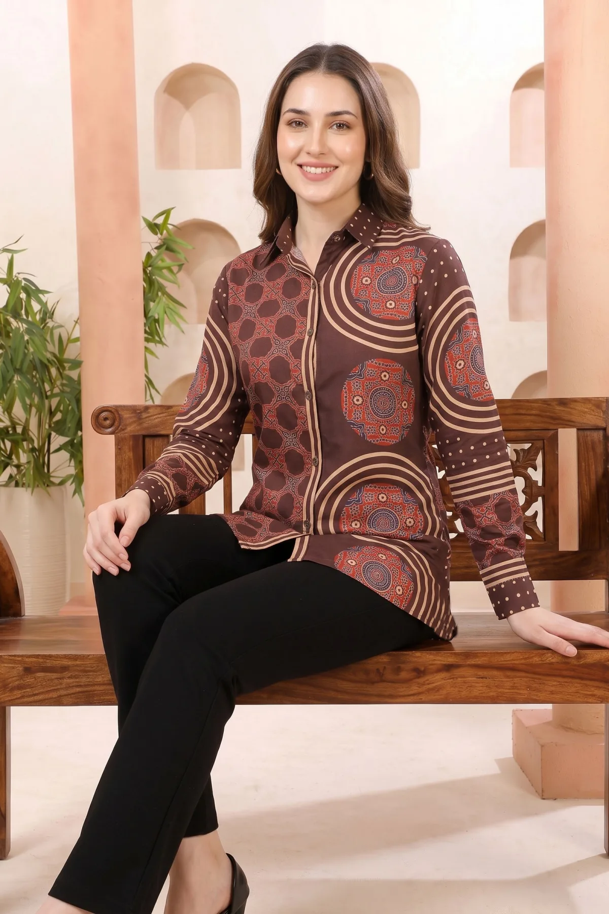 Coffee Brown Modal Silk Shirt Style Tunic - Image 5