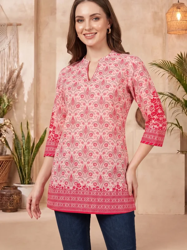 Pinky Peach Paisley Printed Short Kurti with Red Floral Border